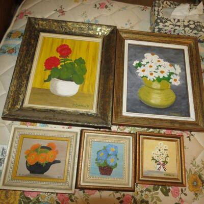 Five Framed Paintings Flower Flowers Geraniums Daisies 14 x 12 is the largest - Item # 78