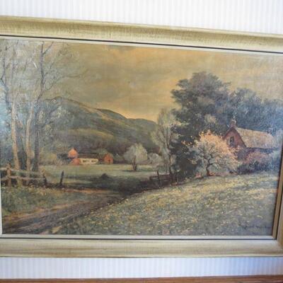 Robert Wood Early Spring Vintage Reproduction Framed Painting Landscape Country Houses 39 1/2 x 27 1/2 inches - Item # 153