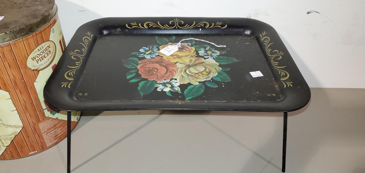 Vintage Metal TV Lap Tray with Folding Legs Black with Flowers (item