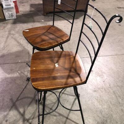 2 Wooden With Wrought Iron Bar Stools 28 1/2" height to seat - (item #105)