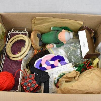 Box of Crafts: Yarn, Wooden Figure, Books, etc