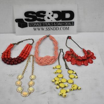 5pc Costume Necklaces: Red, Pink, Yellow