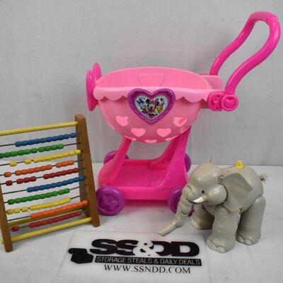 3 pc Toys: Abacus, Minnie Mouse Cart, Little People Elephant