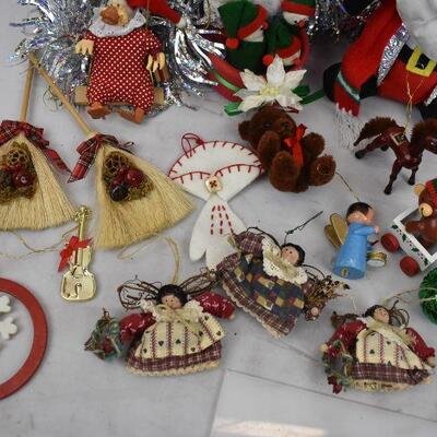 24 pc Christmas Decor: Tinsel Garland, 3 Tabletop Decor pieces, & 20 ornaments