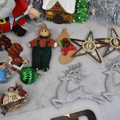 24 pc Christmas Decor: Tinsel Garland, 3 Tabletop Decor pieces, & 20 ornaments