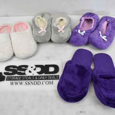 4 Pairs Slippers: White/Pink, Gray, Purple, Purple