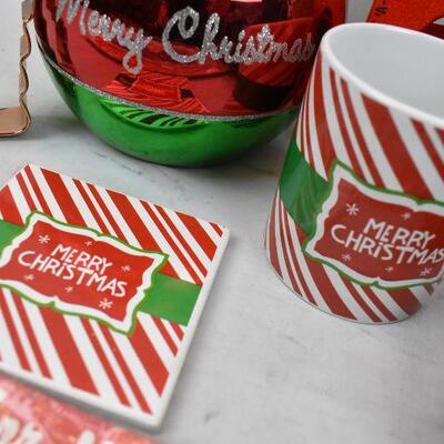 10 pc Christmas Decor: Mug, Coaster, Snowhouse, Stocking Hangers, etc