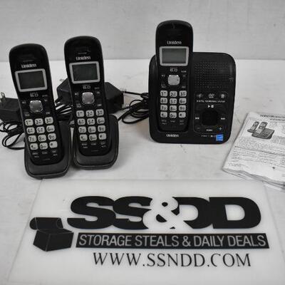 6 pc Cordless Phone Set, Uniden: 3 handsets, 2 chargers, 1 base Answering System