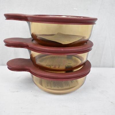 Qty 3 Visions Heat & Eat 15 oz Glass Bowls with Plastic Lids