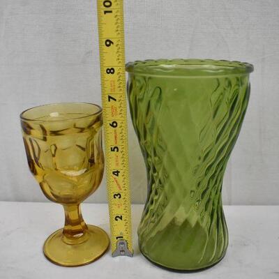 2 pc Vintage Glassware: Golden Yellow/Amber Goblet & Green Vase
