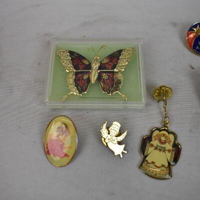 12 pc Costume Jewelry Pins: Music, Angels, Butterfly, etc.
