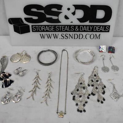13 pc Costume Jewelry, Silver Tones: 12 pairs earrings, 1 short necklace