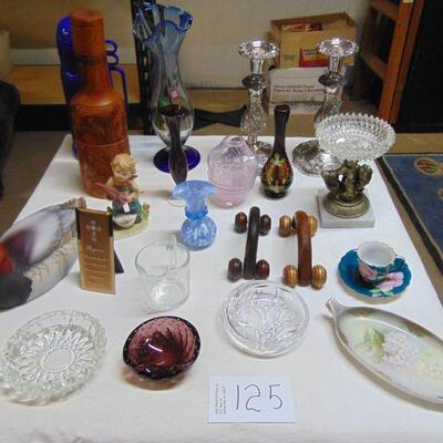 Box 125 -- Vases,ceramic duck, massage rollers, wood bottle, silver plate