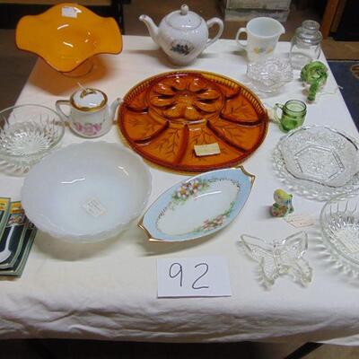 Box 92 -- amber relish tray, German teapot, cut glass bowls, apothecary jar, more