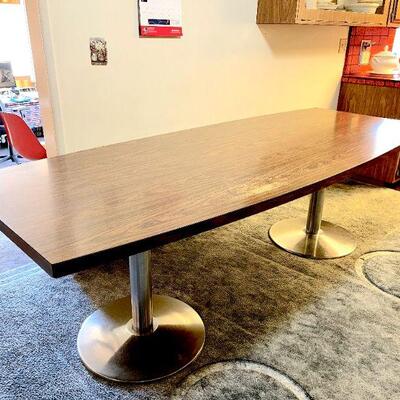 Lot 109  SECOND CHANCE! MCM CUSTOM MADE SINGLE SLAB PARTICLE BOARD 8" DINING TABLE w/PAUL DODDS STEEL PEDESTALS