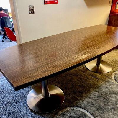 Lot 109  SECOND CHANCE! MCM CUSTOM MADE SINGLE SLAB PARTICLE BOARD 8" DINING TABLE w/PAUL DODDS STEEL PEDESTALS