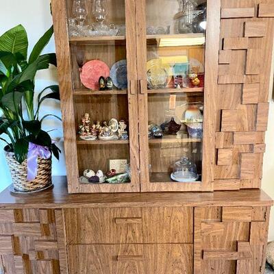 Lot 110  SECOND CHANCE! OOAK 1970s CUSTOM MADE HUTCH & CONSOLE APPLIED BLOCKS VENEER/PARTICLE BOARD UNIQUE
