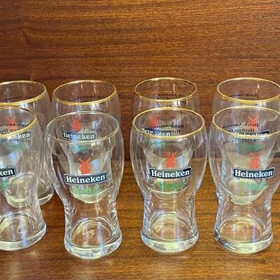 Heineken Beer set of 8 Gold Rimmed Small Pilsner Beer Glasses.