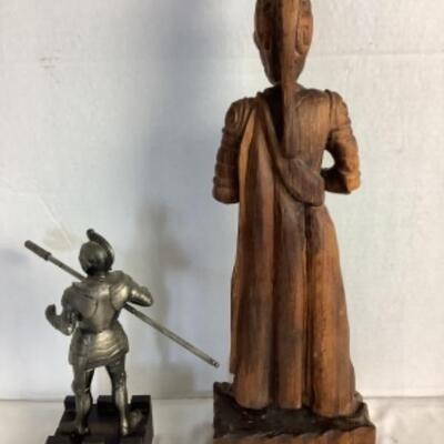 2066 Vintage Wood Carved Knight and Metal Knight Figurine