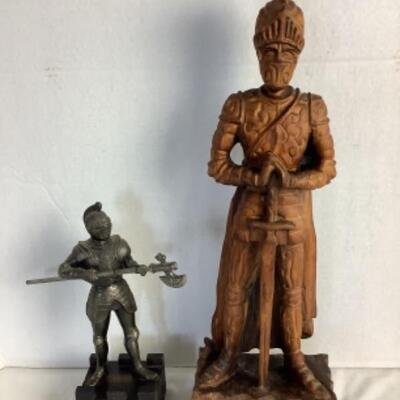 2066 Vintage Wood Carved Knight and Metal Knight Figurine