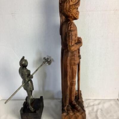 2066 Vintage Wood Carved Knight and Metal Knight Figurine