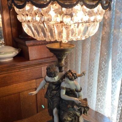 Antique Brass & Crystal Figural Table Lamp Collection Francaise