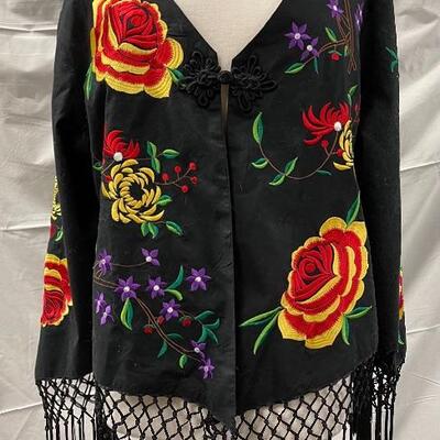 Colorful Flower Embroidered Black Fringed Shawl Coat Jacket Size XL