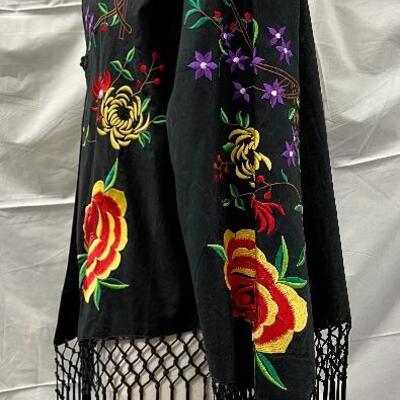 Colorful Flower Embroidered Black Fringed Shawl Coat Jacket Size XL