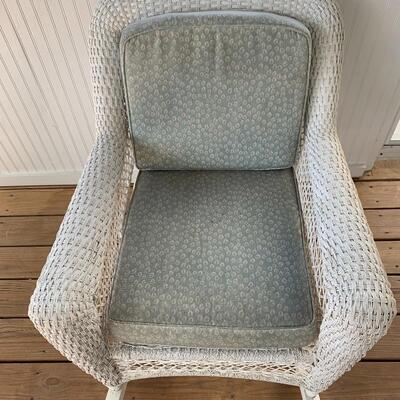 Lot 25 - Pair of White Faux Wicker Rocking Chairs & Matching Side Table