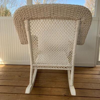 Lot 25 - Pair of White Faux Wicker Rocking Chairs & Matching Side Table