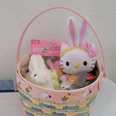 Lot 29: New Easter Basket, Ty Beanie Hello Kitty Bunny, Putty Eggs, Bunny Coin Purse, Bath Fizzie, Lip Gloss and Littlr White Bunny Plush