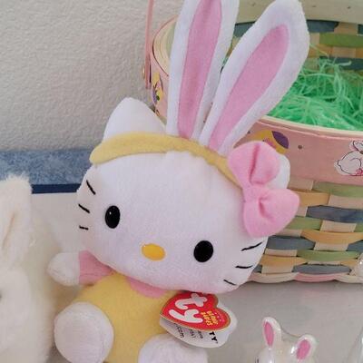 Lot 29: New Easter Basket, Ty Beanie Hello Kitty Bunny, Putty Eggs, Bunny Coin Purse, Bath Fizzie, Lip Gloss and Littlr White Bunny Plush