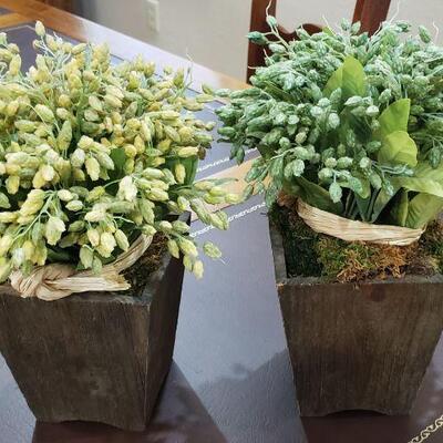 2 Small Artificial Plants in Wood Vases