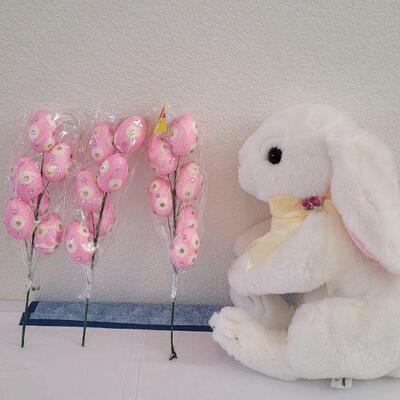 Lot 32: (3) New Easter Egg Decorations & a Plush Bunny 