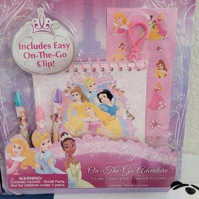 Lot 39: New Dora the Explorer Bubble Magnet Book, Disney Princess Activity Set, Window Gels, Puzzle and Panda Bear Necklace 