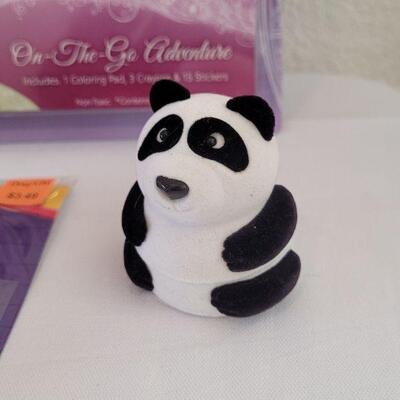 Lot 39: New Dora the Explorer Bubble Magnet Book, Disney Princess Activity Set, Window Gels, Puzzle and Panda Bear Necklace 
