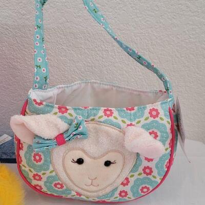 Lot 40: New Felt Easter Basket, Lamb Purse, Sequin Egg Pony Tail Holders,Lip Gloss& Little Chick Plushie