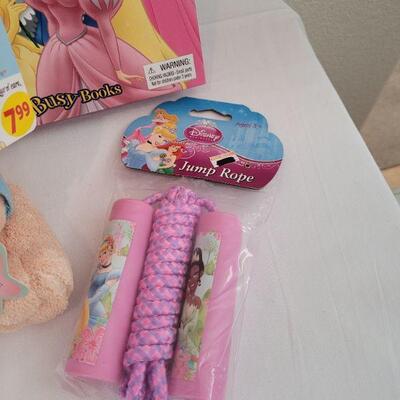 Lot 49: New Barbie Kite, Disney Princess Book with Activities, Precious Moments Prayer Bear and Disney Jump Rope 