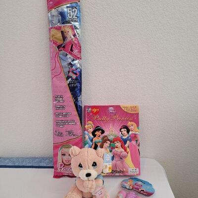 Lot 49: New Barbie Kite, Disney Princess Book with Activities, Precious Moments Prayer Bear and Disney Jump Rope 