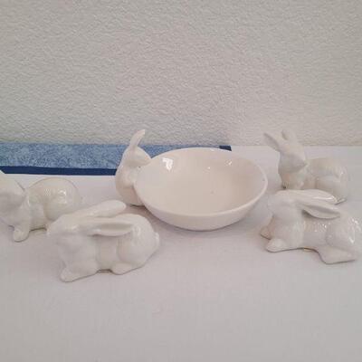 Lot 54: New Little White Rabbits and Rabbit looking in Shallow Bowl