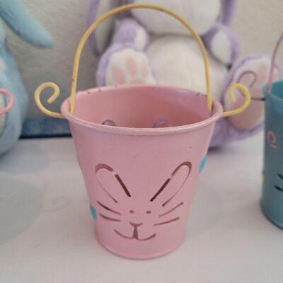 Lot 55: New (2) Plushie Bunnies and 4 Cutout Bunny Metal Deco Containers 