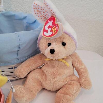 Lot 71: New Small Easter Basket with Mini Plushies and Ty Beanie Bear in Bunny Costumes