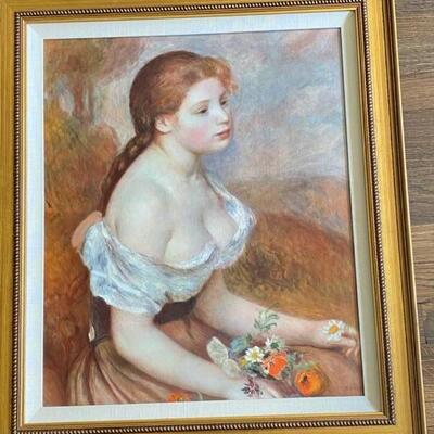 Renoir "A Young Girl With Daisies" 1889 Lithograph Reproduction in Gold Frame 