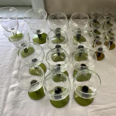2078- 20 Vintage Vienna Etched Glass Green Bubble Stem Cordials