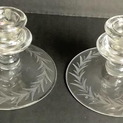 C-2081  12 Pieces of Etched Glass Stemware with Matching Candlesticks