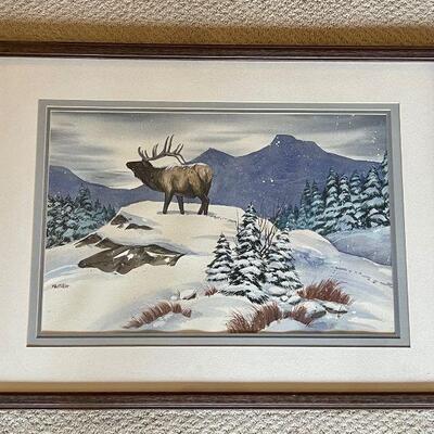 Mike Fallier Original Watercolor Elk in the Snowy Mountaintops