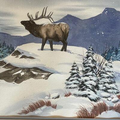 Mike Fallier Original Watercolor Elk in the Snowy Mountaintops