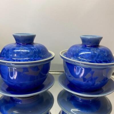 Pair Boxed Chinese Crystalline Blue Glazed Bowls/ lids/ saucers