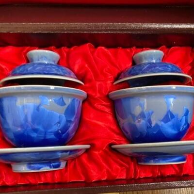 Pair Boxed Chinese Crystalline Blue Glazed Bowls/ lids/ saucers