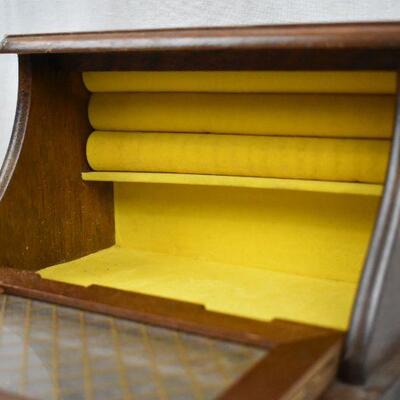 Wooden Jewelry Box with Yellow Fabric Interior - Used, broken frame